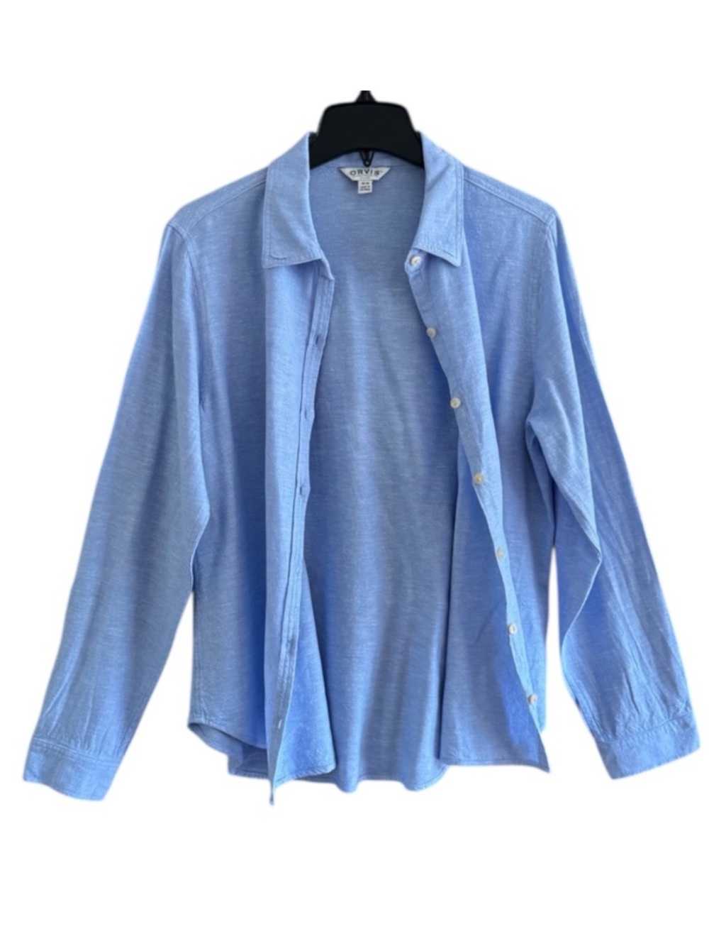 Orvis Blue Chambray Linen Casual Button Down Shirt Medium Used with Care